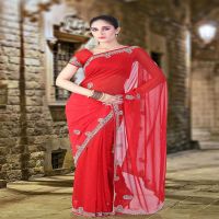 Pazaar Rose-Madder Red Embroidered Party Saree With Zari Thread