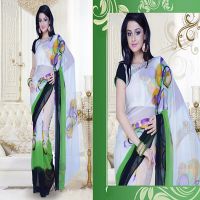 Pazaar Off-White & Lime Green Printed Party Saree
