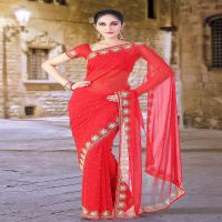 Pazaar Coral  Red Embroidered Party Saree With Zari Thread