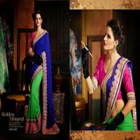 Hi Fashion Green & Blue Georgette Embroidered Saree