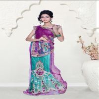 Pazaar Purple & Persian Green Embroidered Party Lehenga Style Saree