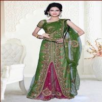 Pazaar Dulari Olive-Drab Green & Deep Cerise Pink Embroidered Party Lehenga Style Saree 