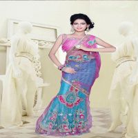 Pazaar Dulari Hot Pink & Electric Blue Embroidered Party Lahenga Style Saree