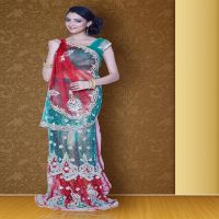 Pazaar Mayuri Rose-Madder Red & Pine Green Embroidered Party Lehenga Saree