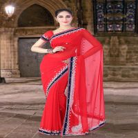 Pazaar Coral Red Embroidered Party Saree With Zari Thread