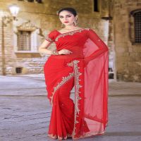 Pazaar Rose-Madder Red Embroidered Party Saree With Zari Thread