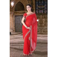 Pazaar Venetian Red Embroidered Party Saree With Zari Thread