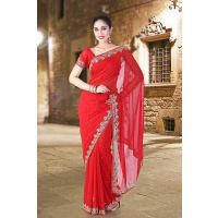 Pazaar Rose-Madder Red Embroidered Party Saree With Zari Thread