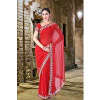 Pazaar Rose-Madder  Red Embroidered Party Saree With Zari Thread