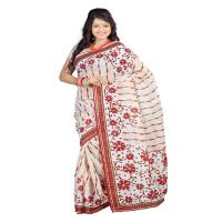 Lookslady Printed Beige & White Cotton Saree