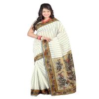 Lookslady Printed White & Beige Cotton Saree