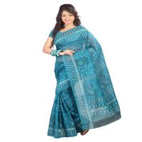 Lookslady Printed Turquoise & Beige Cotton Saree