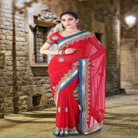Pazaar Rose-madder Red  Embroidered Party Saree With Zari Thread 