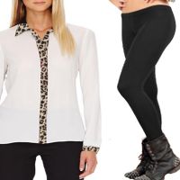 Animal Print Collar panel & Cuff Chiffon White Shirt With Black Soleil Legging Deals