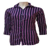 Black Cotton Front Button Down Double Stripes Wrinkle Shirt