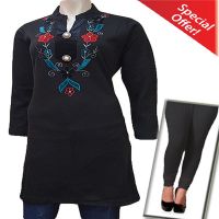 Black Nehru Collar Multicolor Flower Work Woolen Kurti with Warm Legging Special Offer