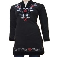 Black Velvet Flower Work Full Sleeves Woolen Kurti