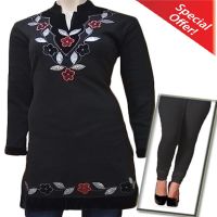 Black Velvet Flower Work Woolen Kurti with Warm Legging Special Offer