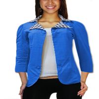 Blue Buttoned Patch Check Collar Side Pocket Shrug