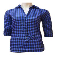 Blue Cotton Front Button Black Check Wrinkle Shirt