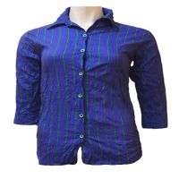 Blue Cotton Front Button Green Stripes Wrinkle Shirt