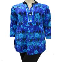 Blue Floral Design Black Velvet Nehru Collar Buttoned Placket Woolen Kurti