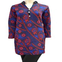 Coral Flower Appliqué Black Nehru Collar Blue Buttoned Placket Woolen Kurti