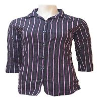 Cotton Black Front Button Down Double Stripes Wrinkle Shirt