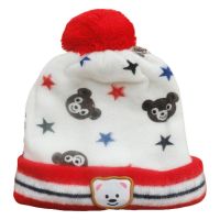 Cute Teddy Star Design Red White Applique Woolen Baby Cap