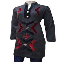 Dark Grey Nehru Collar Red Velvet Applique Woolen Kurti