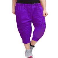 Dark Purple Front Patch Button Design Elastic Bottom Capri 