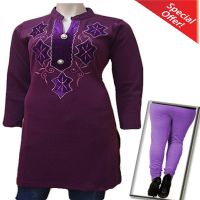 Dark Purple Velvet Work Buttoned Placket Full Sleeves Woolen Kurti with Warm Legging Special Offer