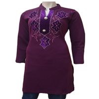 Dark Purple Velvet Work Buttoned Placket Full Sleeves Woolen Kurti
