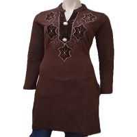 Designer Brown Velvet Work Buttoned Placket Full Sleeves Woolen Kurti