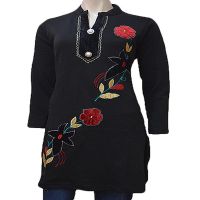 Double Buttoned Placket Black Velvet Flower Work Woolen Kurti