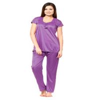 Dull Shade Purple Satin 2 PC Top Pajama Set Nightwear