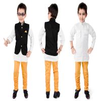 Kute Kids - White Kurta Yellow Chridaar Pajama Cotton Blend Jacket Set ( 6 Months-5 Years )