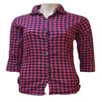 Magenta Cotton Front Button Black Check Wrinkle Shirt