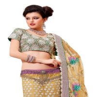 Ambaji Yellow & light purple Colored Net Embroidered Lehenga Choli