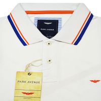 Park Avenue Blue Orange Tipped Half Sleeves White Cotton T-Shirt-Size S,M,L