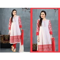 Pazaar Afreen Off-white and Rose-madder Red Embroidered Anarkali Salwar Kameez