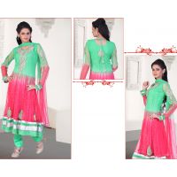 Pazaar Kaanchi Green and Amaranth Pink Embroidered Anarkali Salwar Kameez