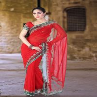 Pazaar Rose-Madder Red Embroidered Party Saree With Zari Thread