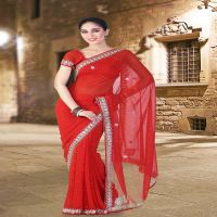 Pazaar Vermilion Red Embroidered Party Saree With Zari Thread