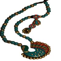 Peacock Pendant Terracotta  Blue Jewelry Set