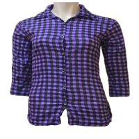 Purple Cotton Front Button Black Check Wrinkle Shirt