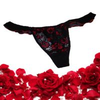 Red & Black Embroidered Ruffle Waist Thong