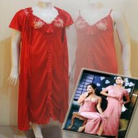 Red Front Frill 2 Piece Long Nighty Robe Set