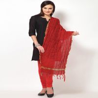 Red Viscose Blend Golden Bordered Dupatta