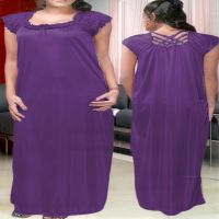 Ruffle Neck Dark Purple Satin Lace Full Length Nightwear